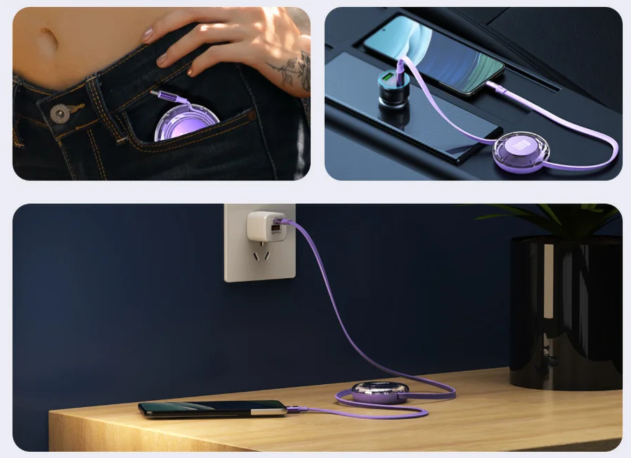Câble de chargement rétractable 100W pour Android, Iphone15/16, MacBook, Laptop...