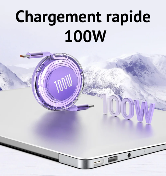 Câble de chargement rétractable 100W pour Android, Iphone15/16, MacBook, Laptop...