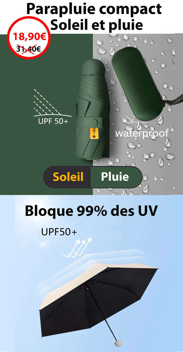 Parapluie compact avec capsule de transport (imperméable et protection UV 50+)