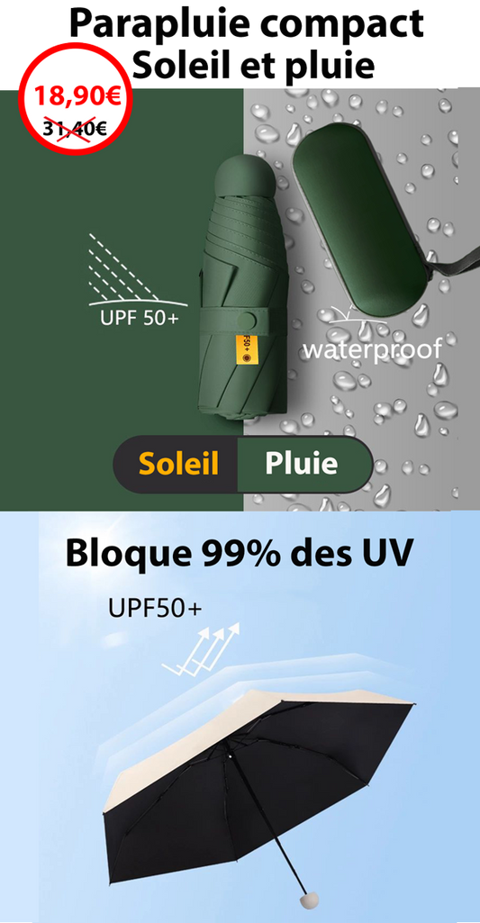 Parapluie compact avec capsule de transport (imperméable et protection UV 50+)