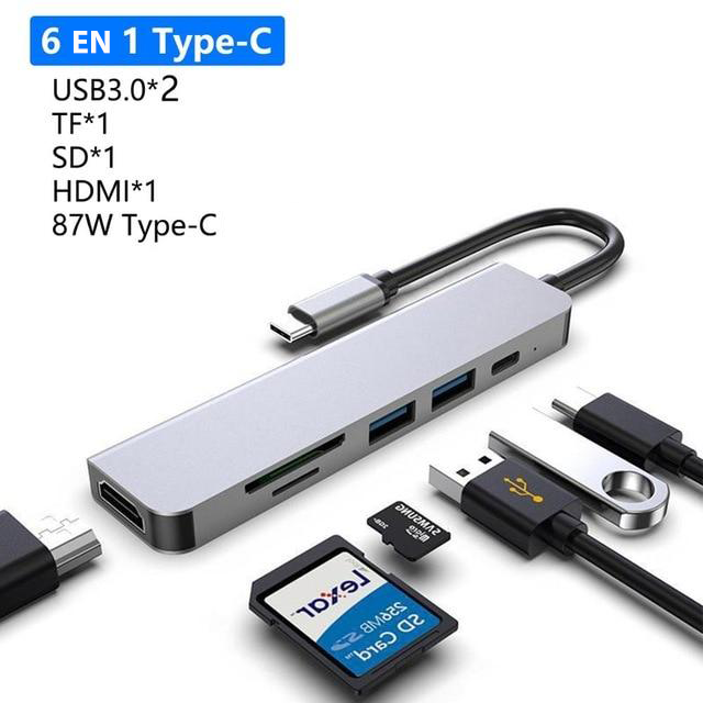 Adaptateur 6 en 1 USB C : USB 3.0-HDMI-Carte mémoires