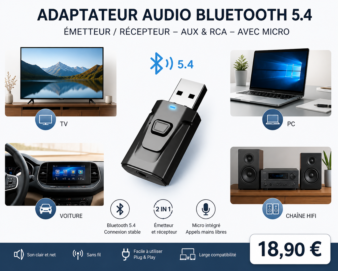 Adaptateur audio Bluetooth 5.4 USB  pour TV, PC, casque, chaîne Hi-Fi et voiture