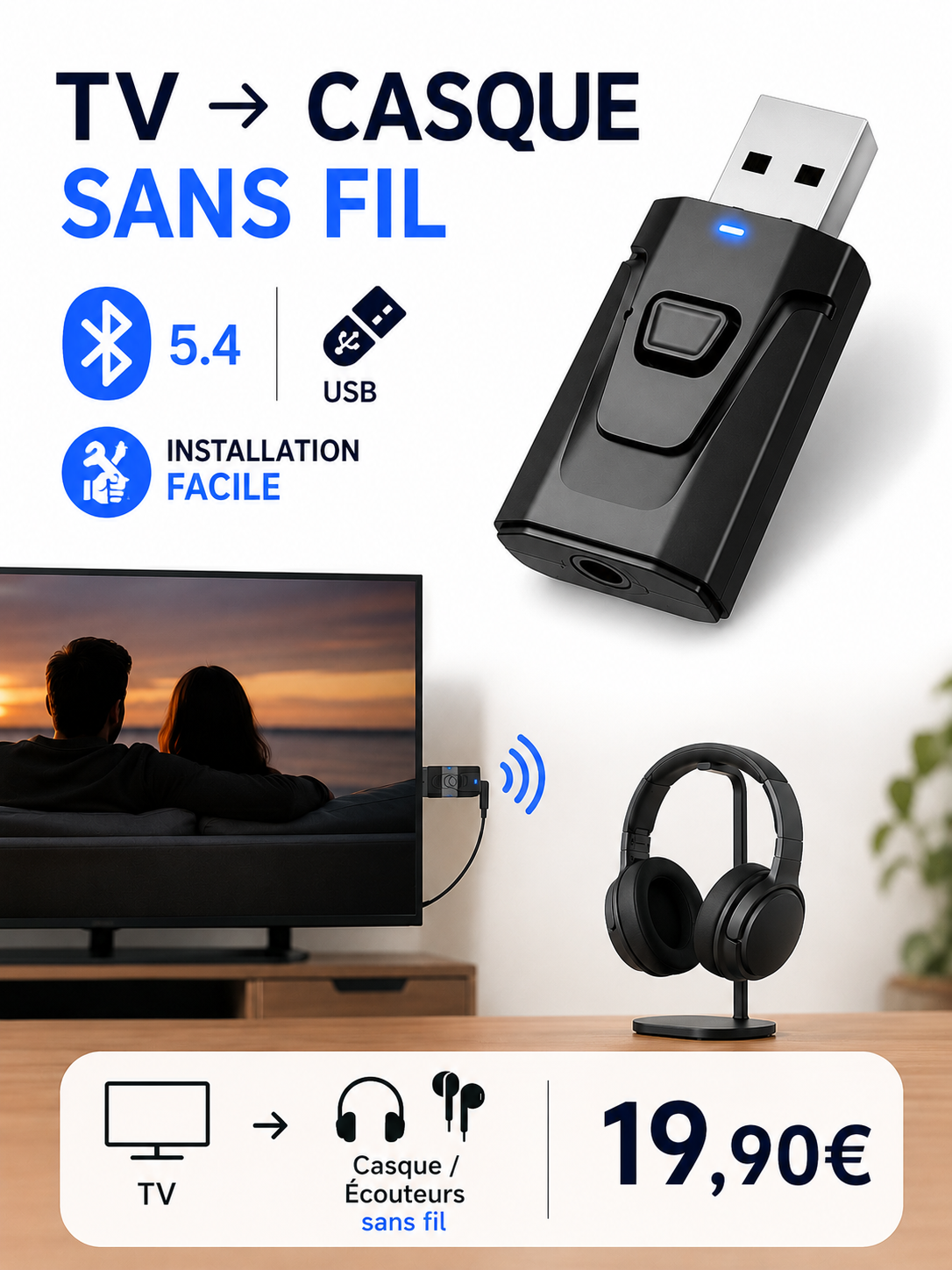 Adaptateur Bluetooth TV pour Casque & Écouteurs Sans Fil