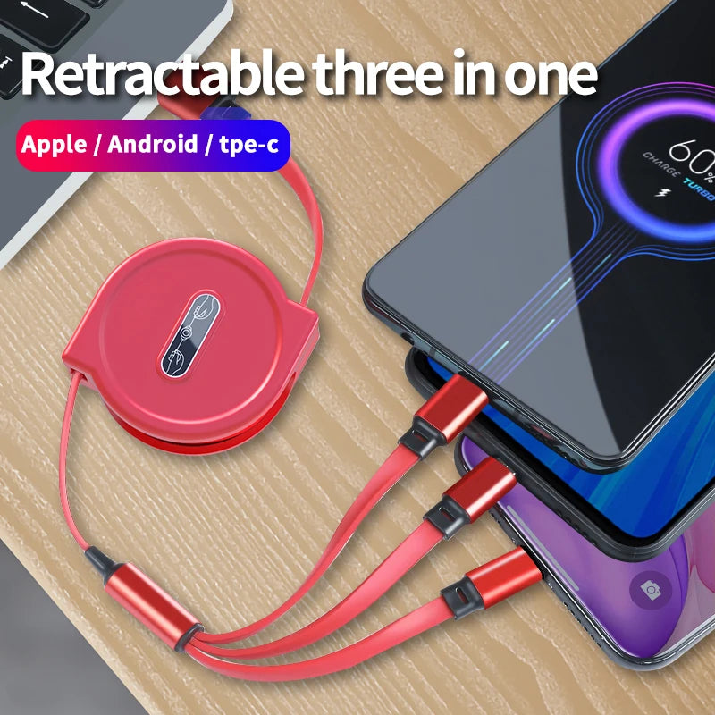 Câble chargement rétractable 3 en 1 : USB-C, Iphone, Micro-USB