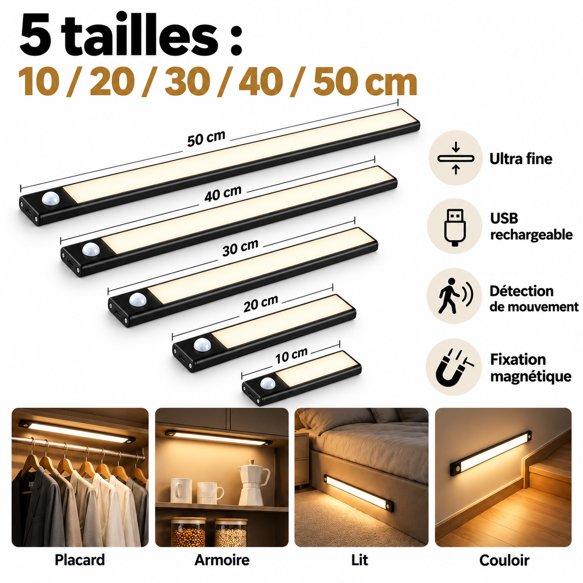 LED réglette ultra fine - sans fil - Détecteur de mouvement