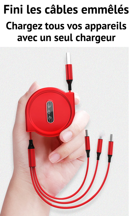 Câble chargement rétractable 3 en 1 : USB-C, Iphone, Micro-USB